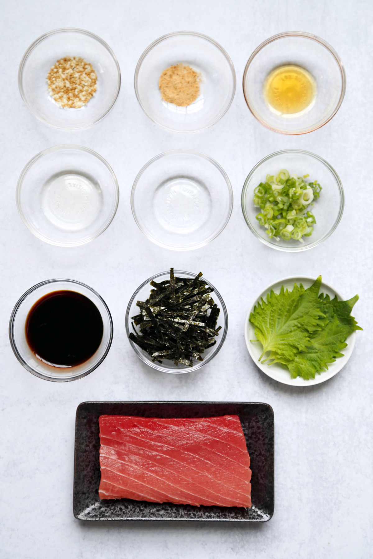 Ingredients for tekka don (tuna bowl)