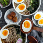 hot soba soup with fish cakes, eggs and pickled plum - toshikoshi soba