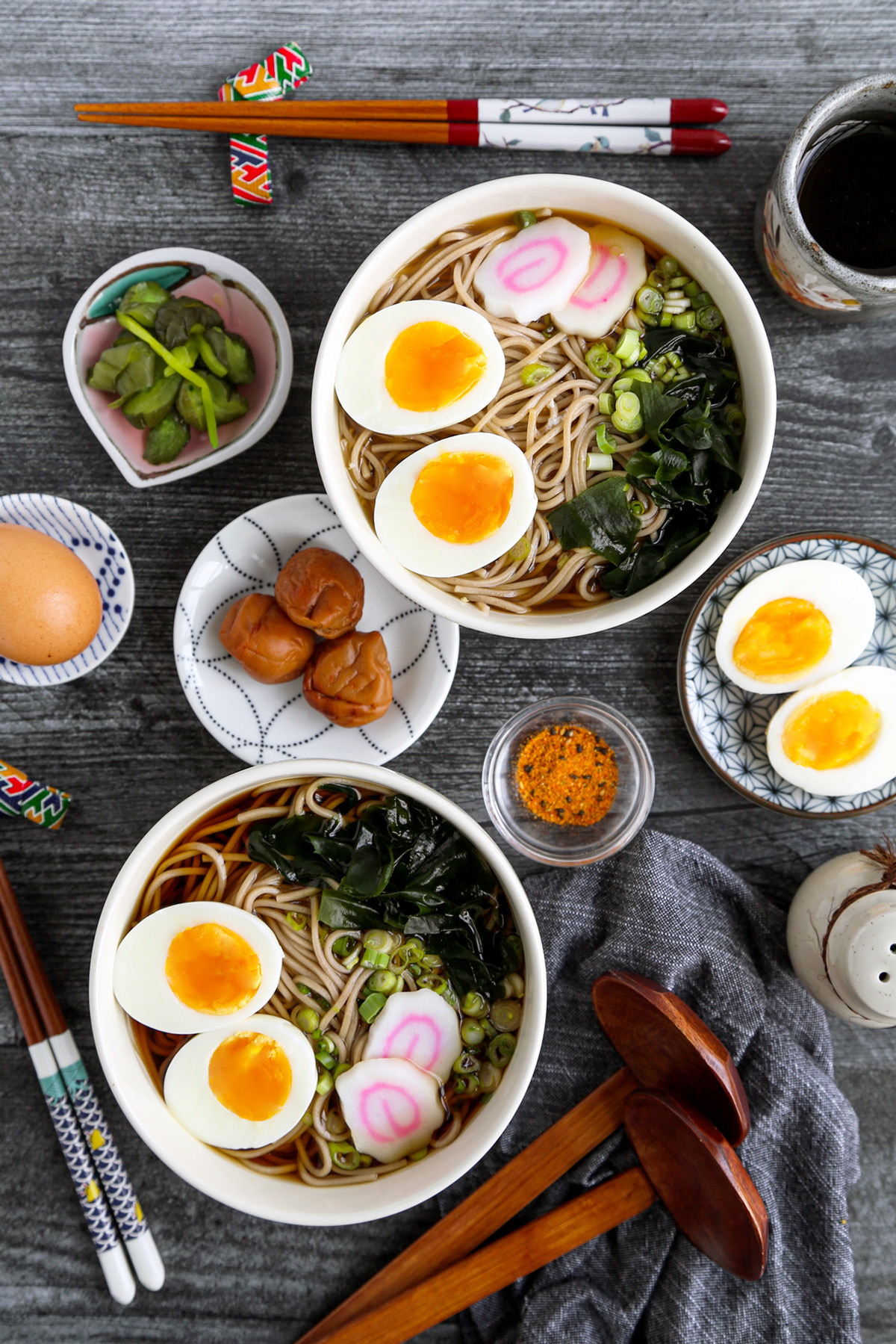 toshikoshi soba - hot soba soup with fish cakes, eggs and pickled plum