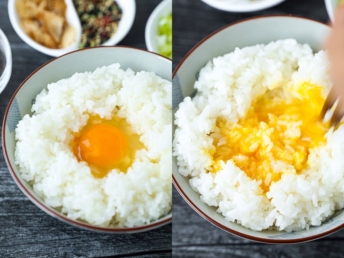 mixing raw egg with rice