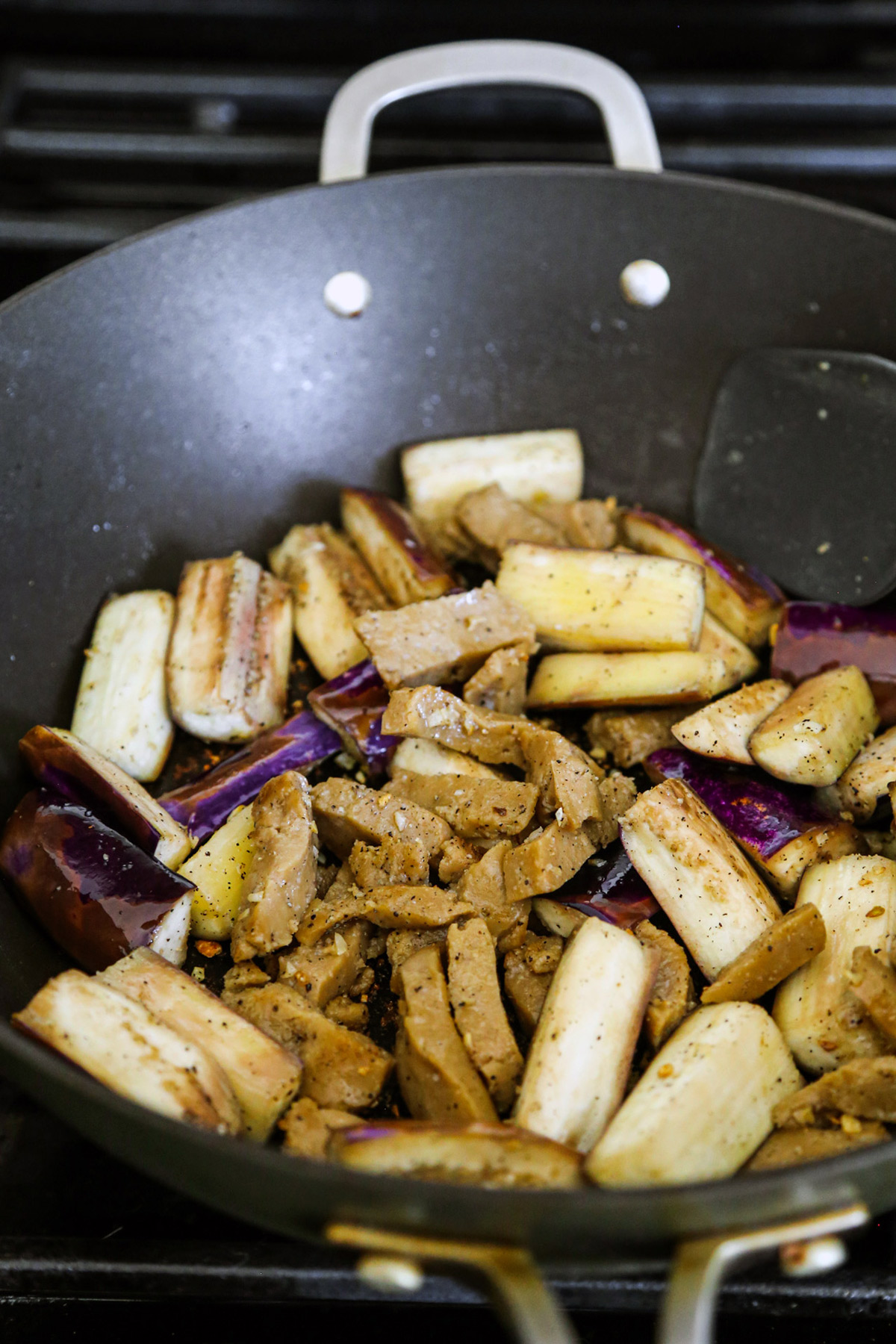 Stir fried eggplant with seitan