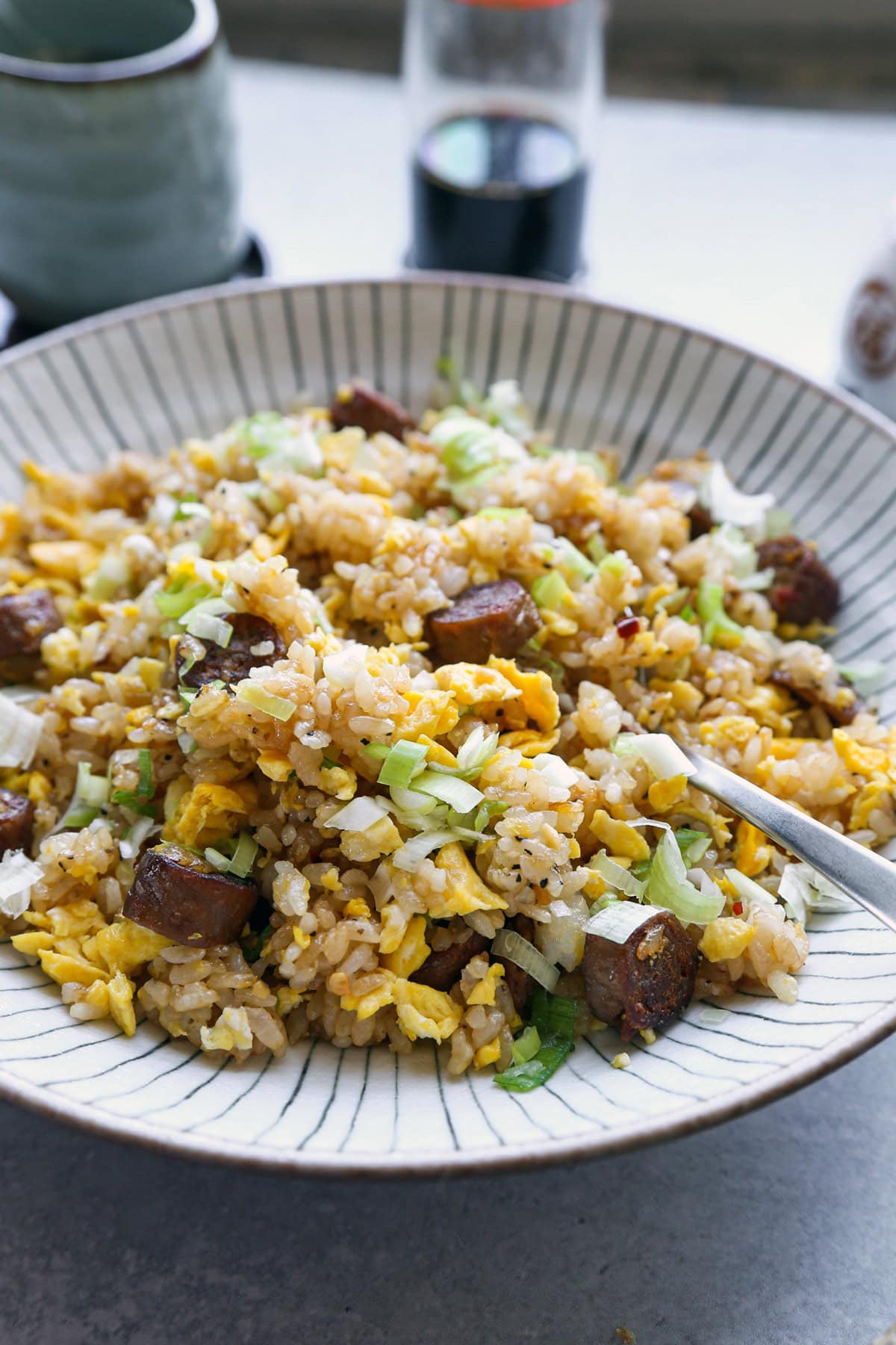 Rice with Sausage, Onion, Ketchup and Sunny-Side-Up Egg