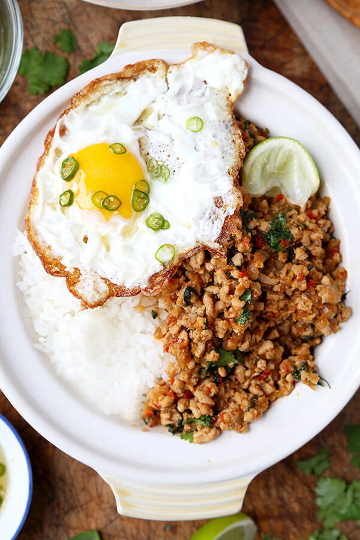 Thai basil chicken - ground spicy chicken with rice and a crispy fried egg