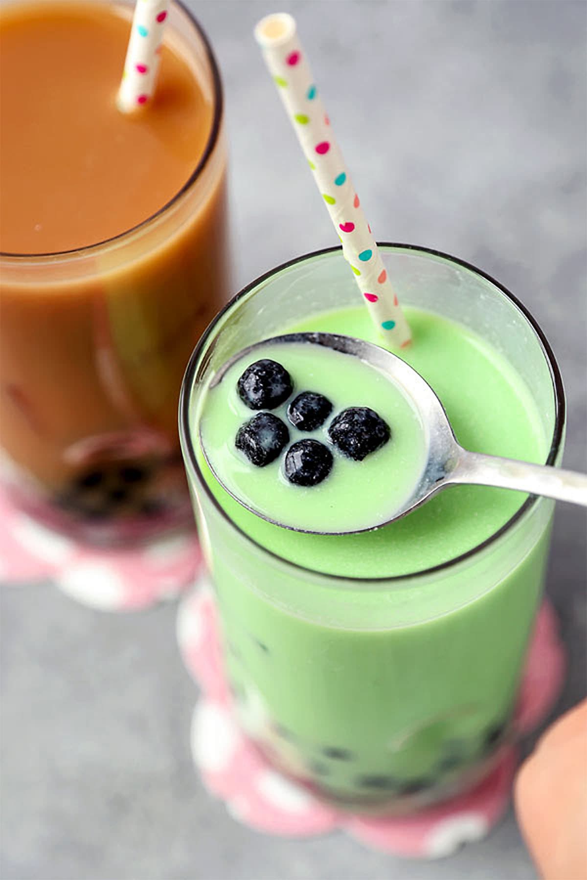 Honeydew boba tea with tapioca pearls