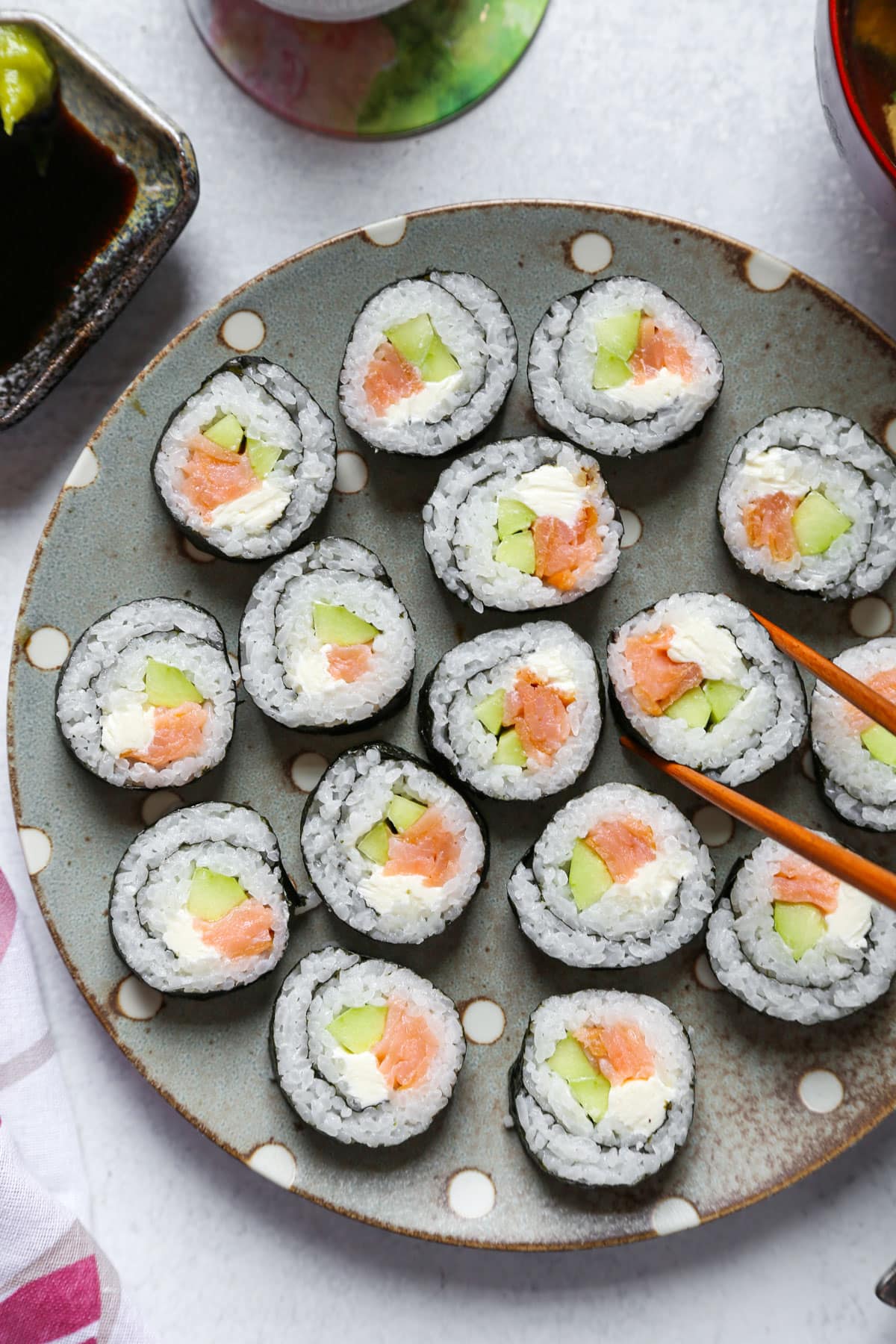 Sushi set containing sushi, roll, and salmon