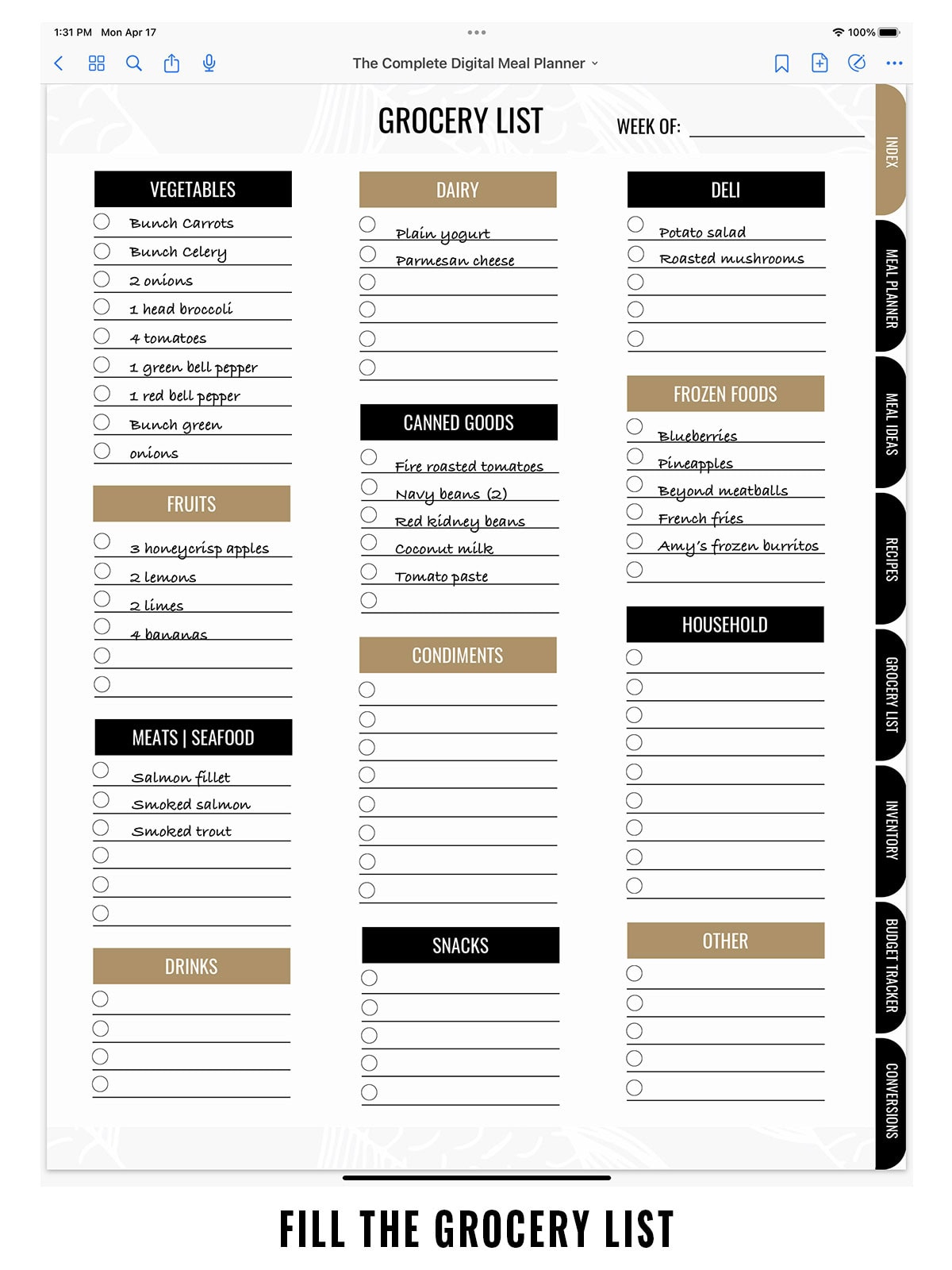 Digital meal planner grocery list