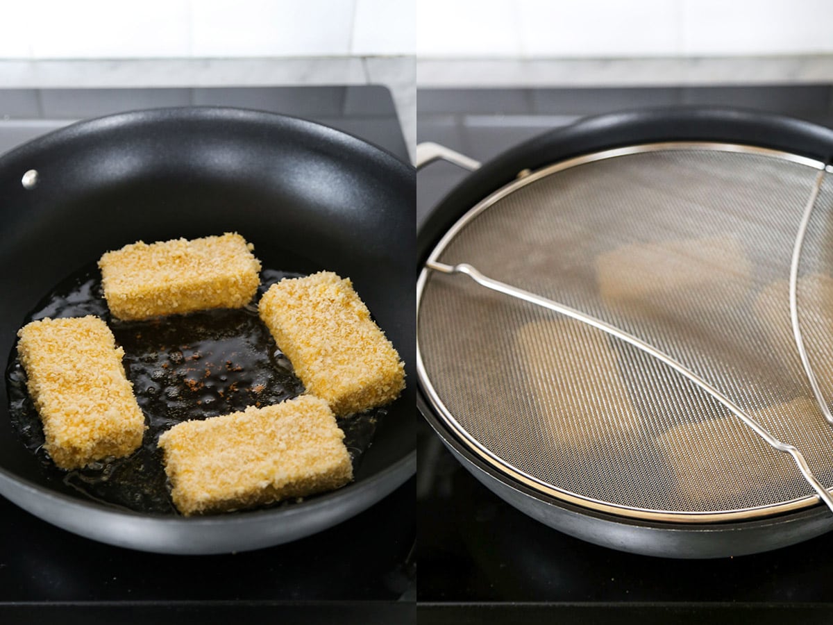 frying tofu steaks in a pan