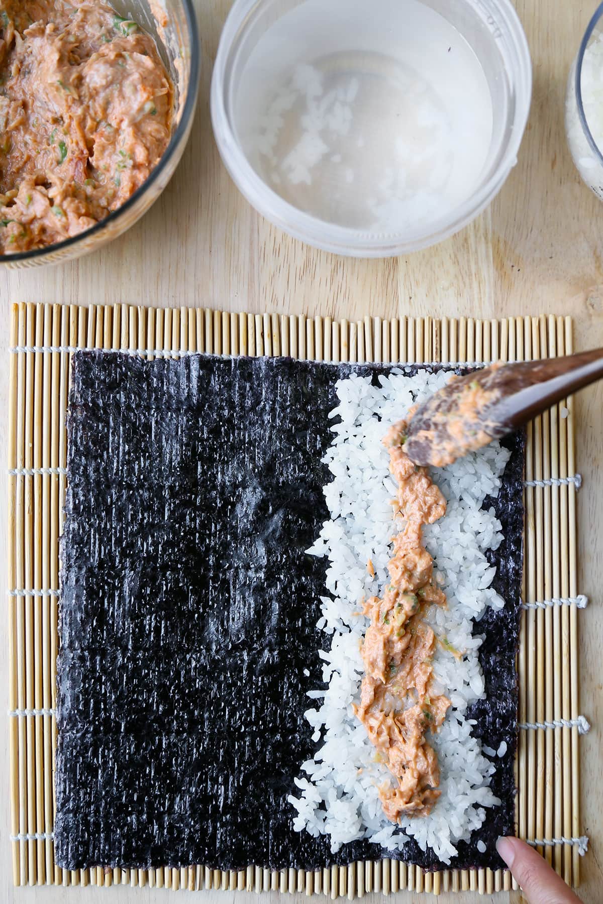 nori, rice, and spicy tuna