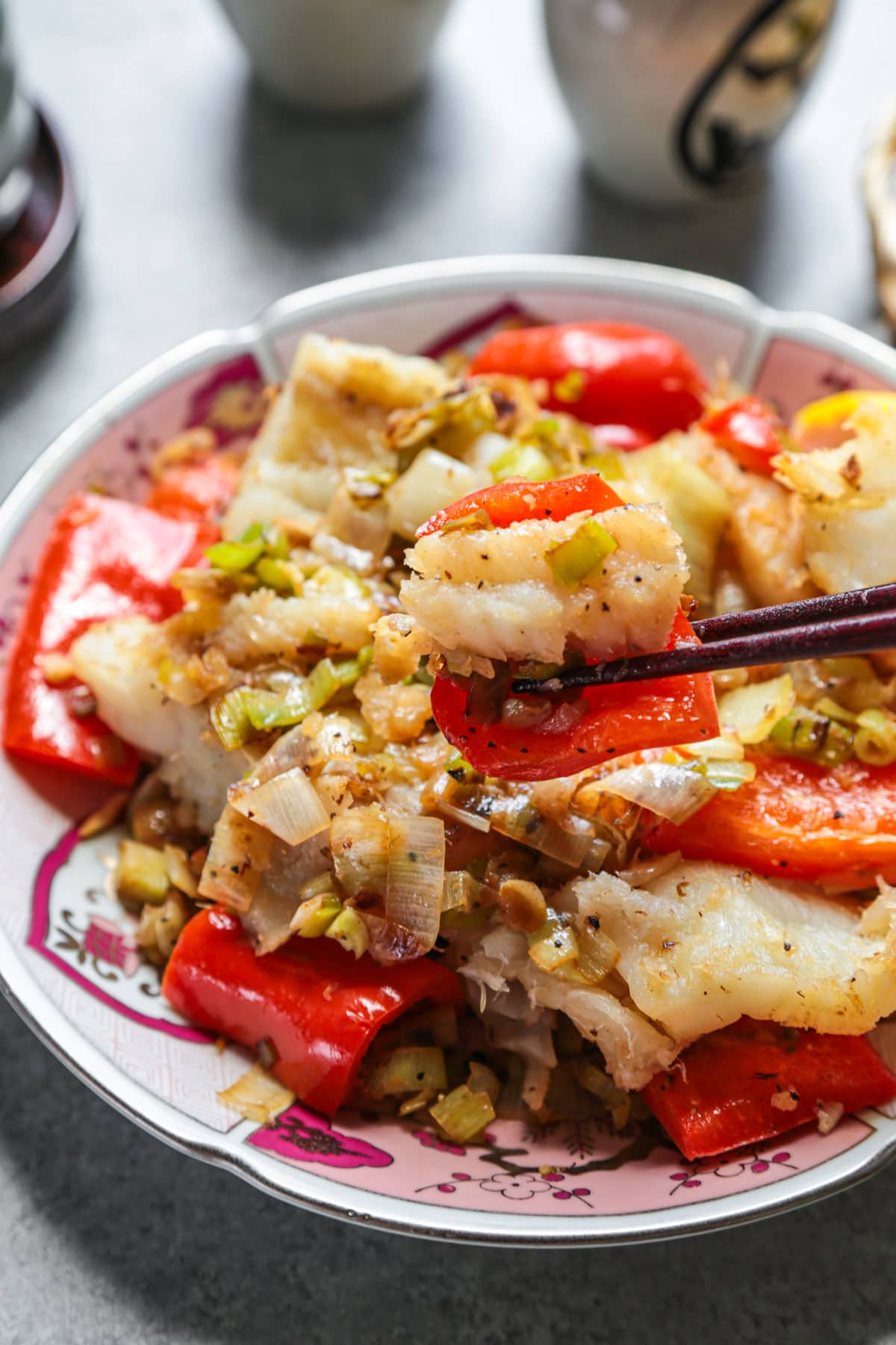 Fish, leek and pepper stir fry