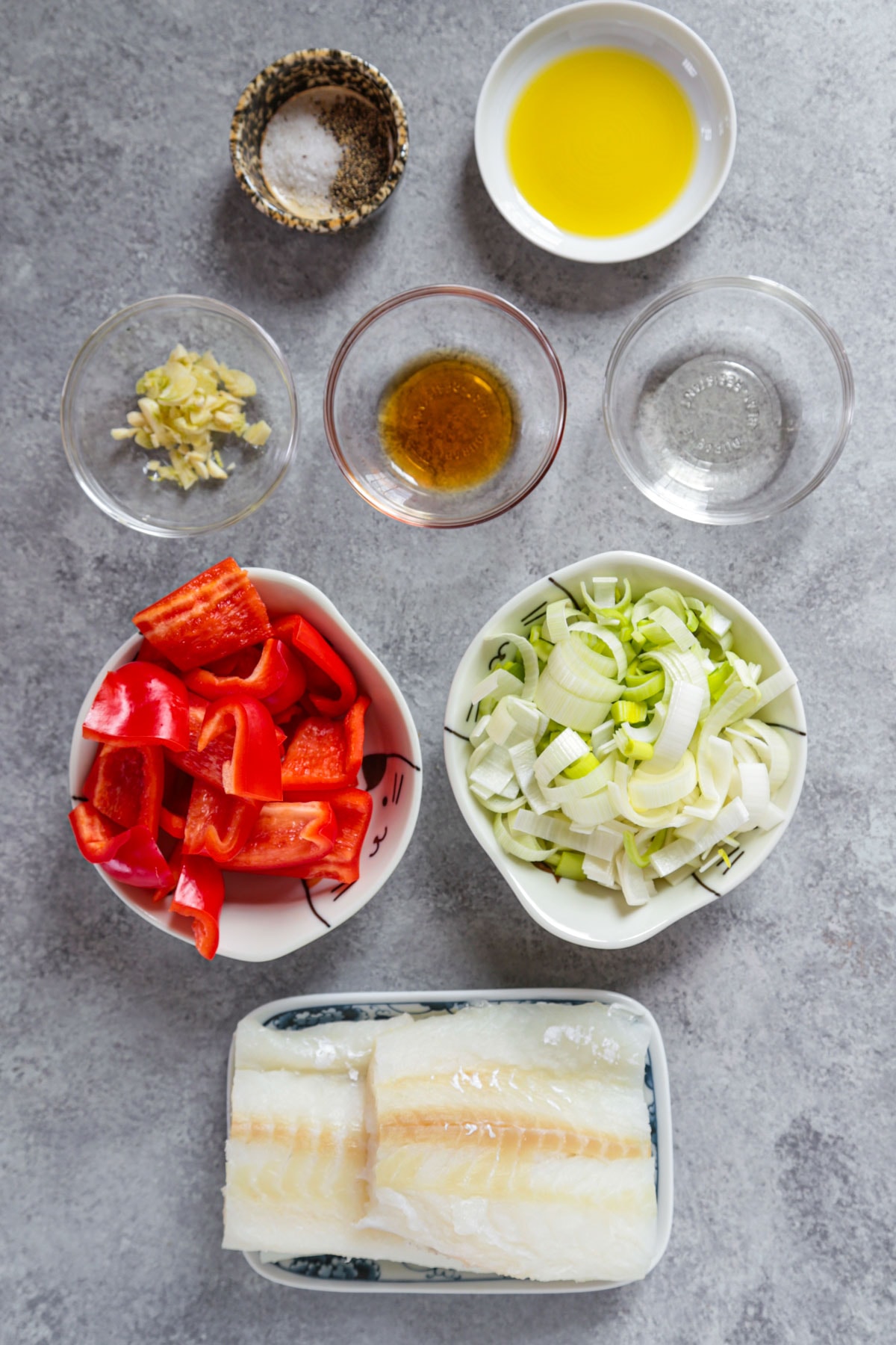 Ingredients for Fish, leek and pepper stir fry