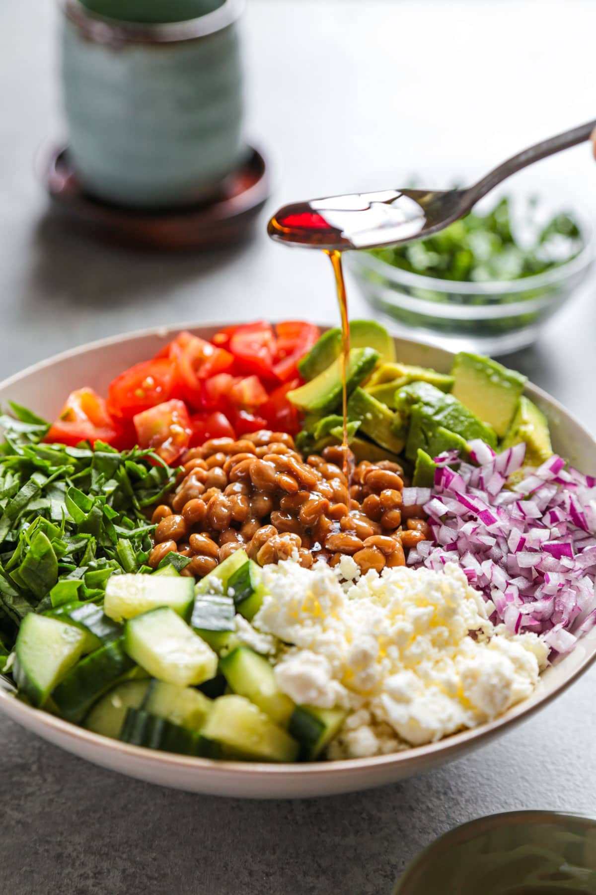 Mediterranean style natto rice bowl