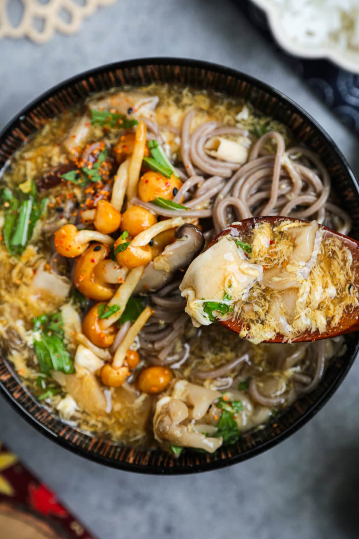 Soba Ankake With Mushroom, Yuba And Egg