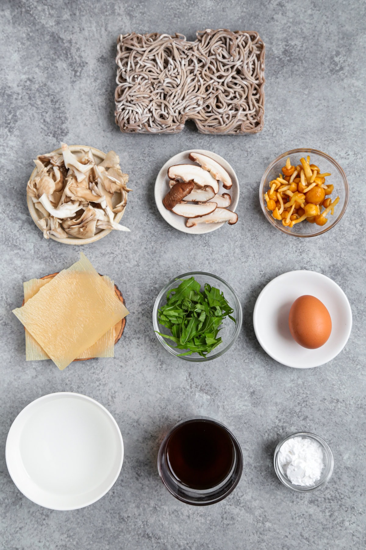 ingredients for Soba Ankake With Mushroom, Yuba And Egg