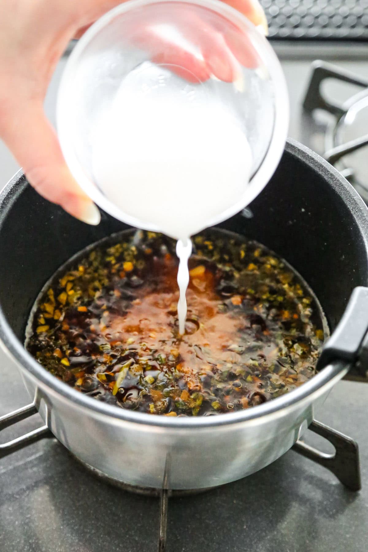 cornstarch slurry added to Chinese garlic sauce