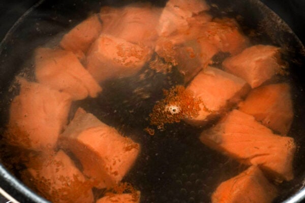 chopped salmon in water