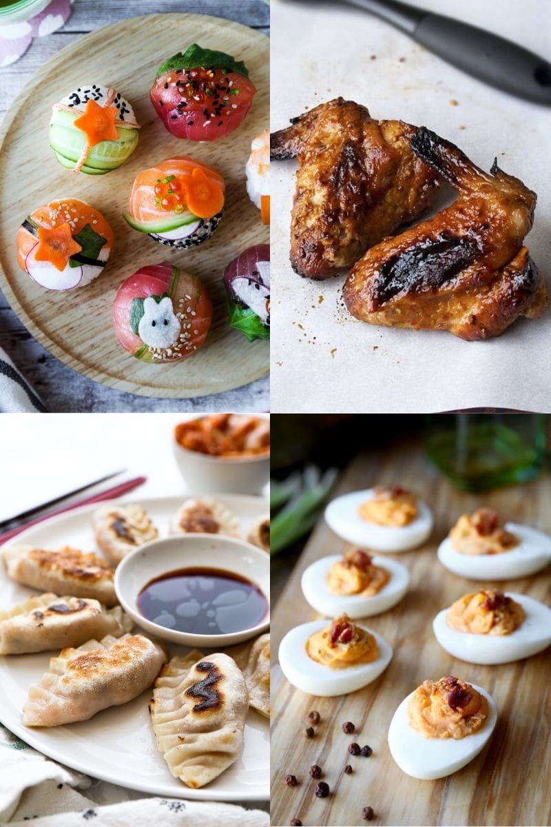 Asian Christmas appetizers including sushi, dumplings, and party food